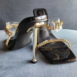 SIMMI LONDON Black & Gold Chain Detail Mule Heels/Sandals. Size 8.